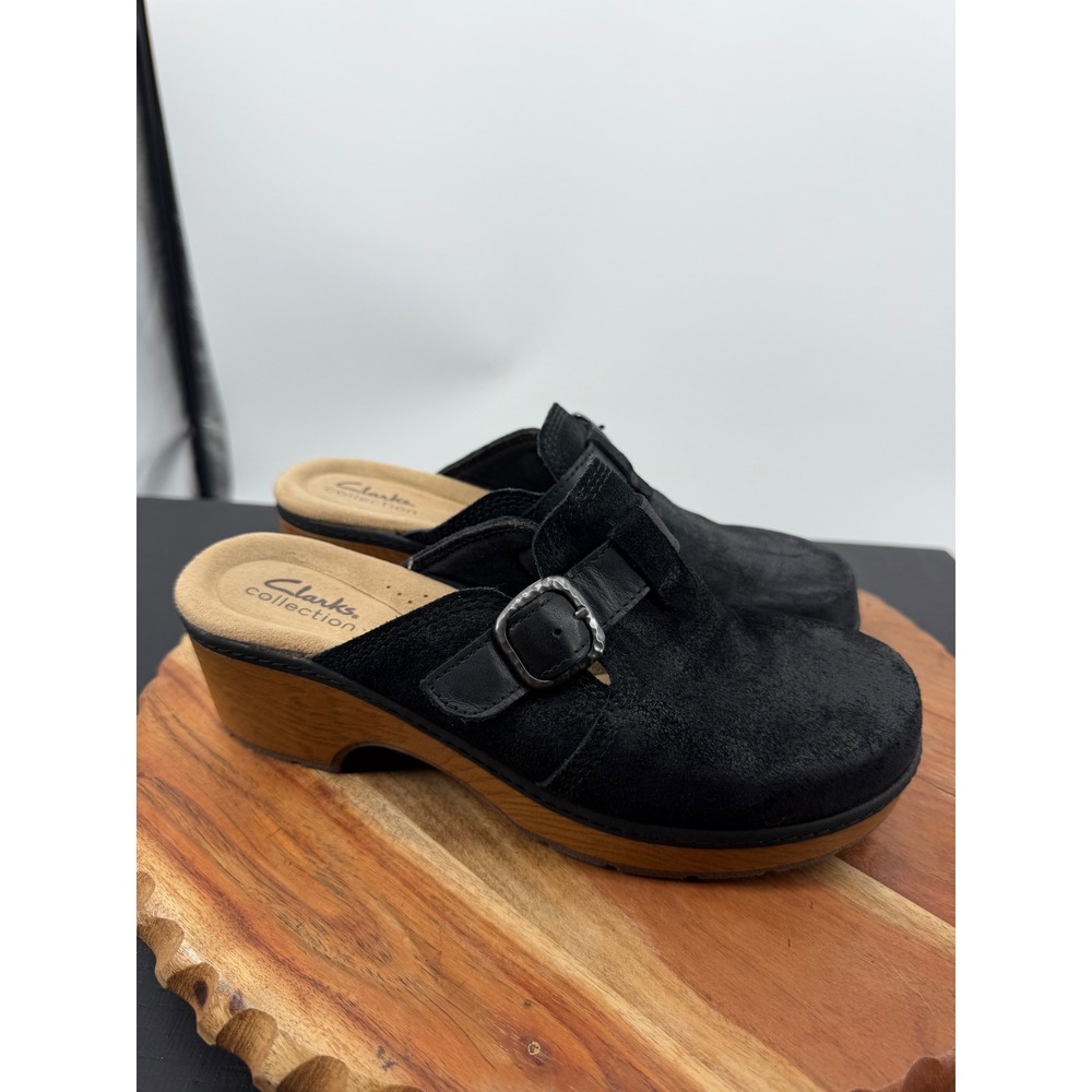 Clarks Collection Paizlee Nora Suede Platform Clogs Women 8 Black Buckle Mules